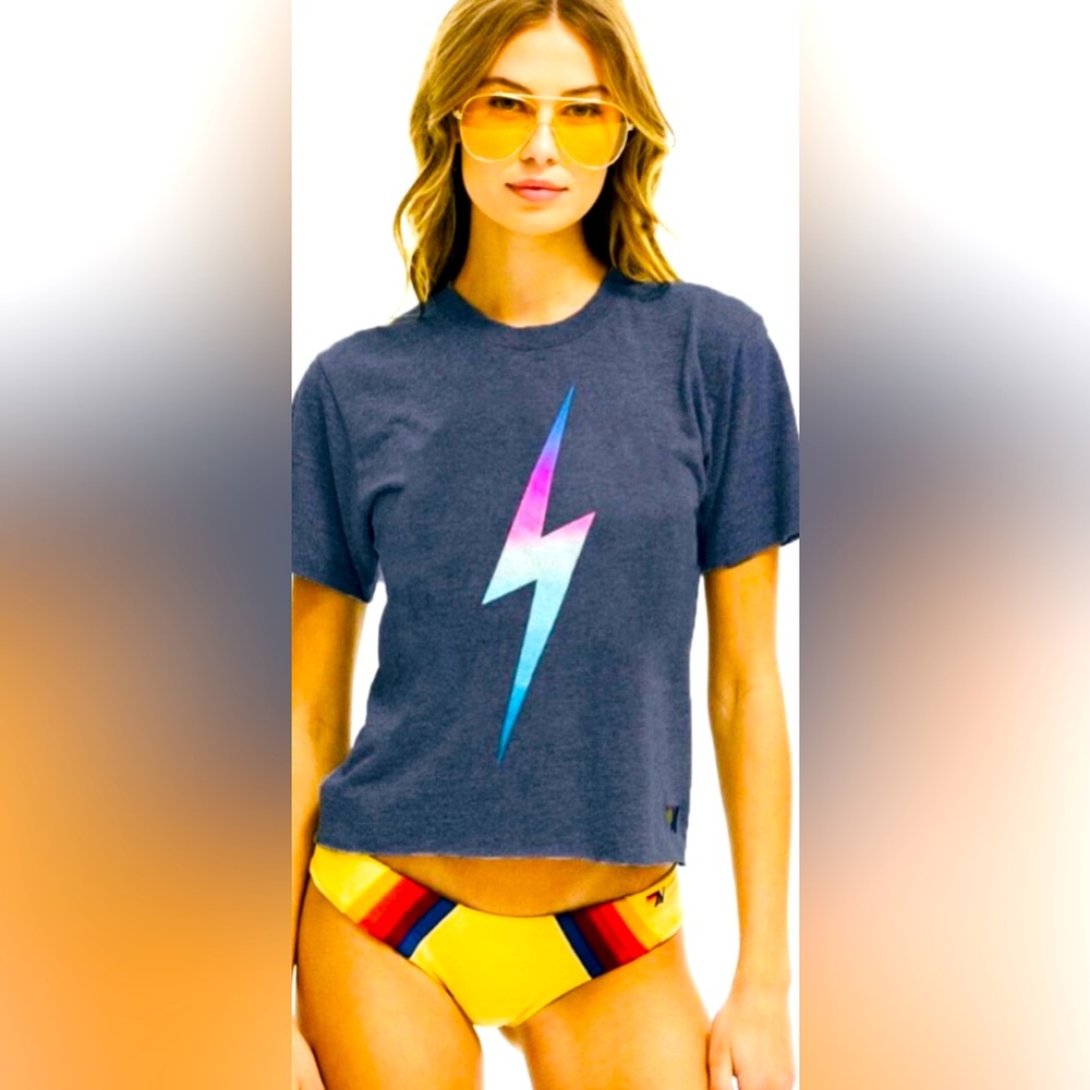 Aviator Nation Bolt Boyfriend Tee, Rainbow Pink Charcoal Gray Small